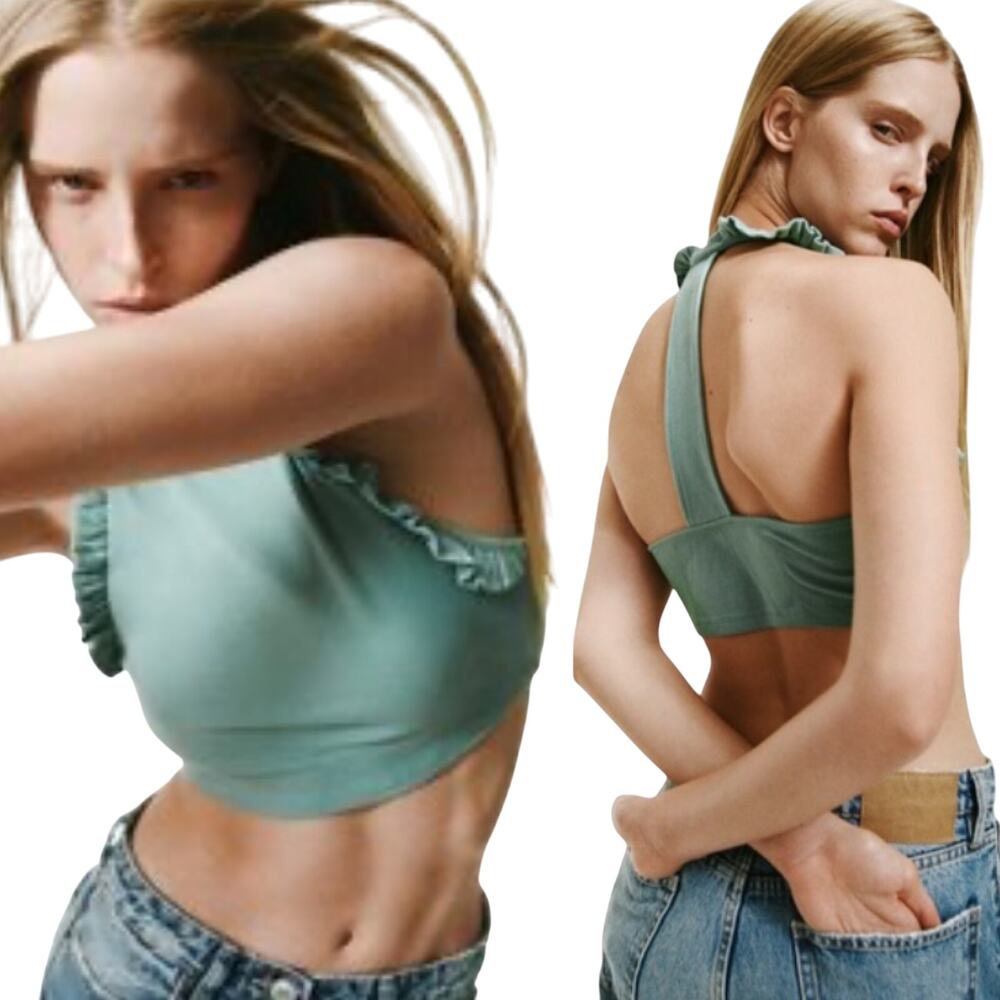 Zara Ribbed Knit Ruffle Trim Crop Tank Top T Back Blogger Fave Blue Green NEW M